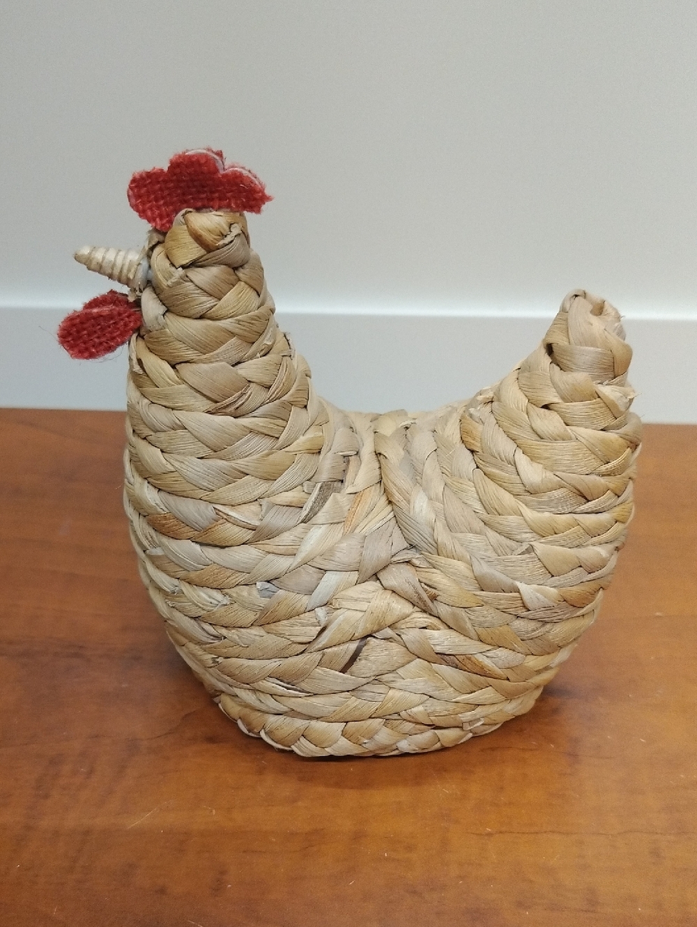 Woven Straw Chicken Figurine with Red Accents